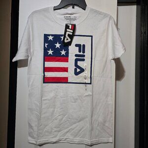 Fila Men's White Short Sleeve Tshirt w American Flag Graphic Size Small